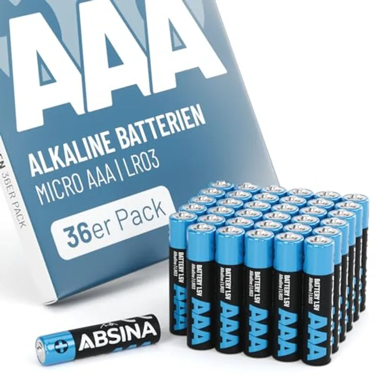ABSINA 36x AAA Batterien LR03 1,5V Alkaline - Langlebig, temperaturbeständig und lagerfähig bis zu 10 Jahre für Fernbedienungen, Spielzeug und mehr