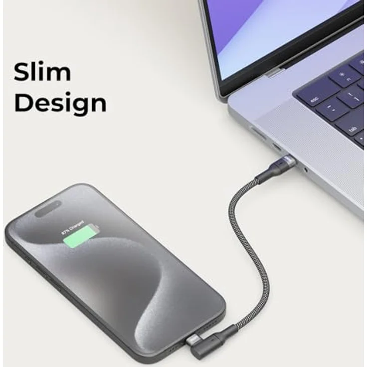 deleyCON 0,15m 100W USB C Ladekabel Gewinkelt, 90 Grad Stecker für Schnellladen und Datenübertragung, kompatibel mit iPhone 17/16/15 Pro Max, Galaxy S25/S24/S23, MacBook, iPad Pro, PS5 – Bild 5