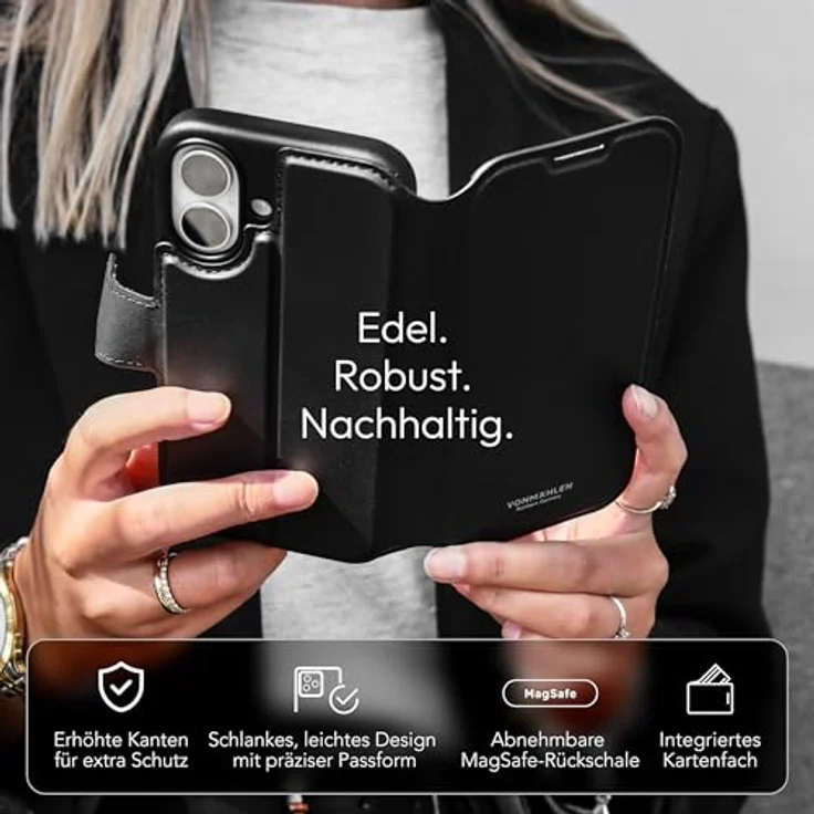 VONMÄHLEN Vegan Leather Folio, 2in1 Handyhülle kompatibel mit iPhone & MagSafe, magnetisches Wallet Case aus recyceltem Material mit Kartenfach, Standfunktion & 360° Schutz – Bild 2