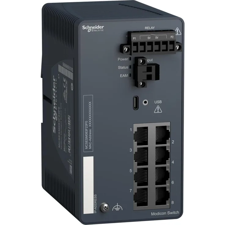 Schneider Electric Modicon Managed MCSESM083F23F0 Switch, 8-Port Netzwerk Switch für Kupfer mit Ethernet TCP/IP, CE-zertifiziert, DIN-Schienenmontage