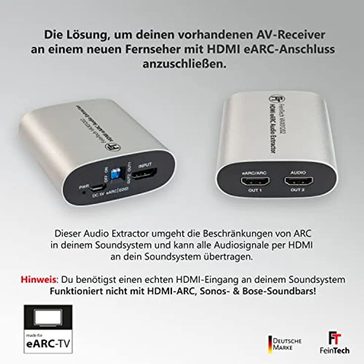 FeinTech VAX01202 HDMI eARC Audio Extractor für Moderne Fernseher und HDMI Audio Splitter 1x2 | liefert Dolby Atmos TrueHD DTS-HD an AV-Receiver ohne HDMI ARC – Bild 2