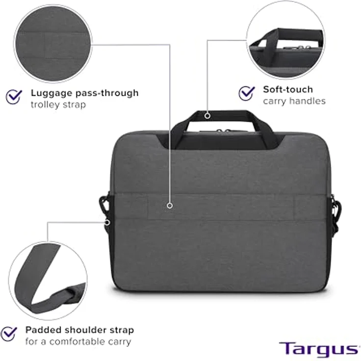 Targus Cypress EcoSmart® Notebook Tasche, für 14 Zoll Laptops, grau, aus 13 recycelten Plastikflaschen gefertigt, mit Tragriemen und Trolley-Gurt – Bild 3