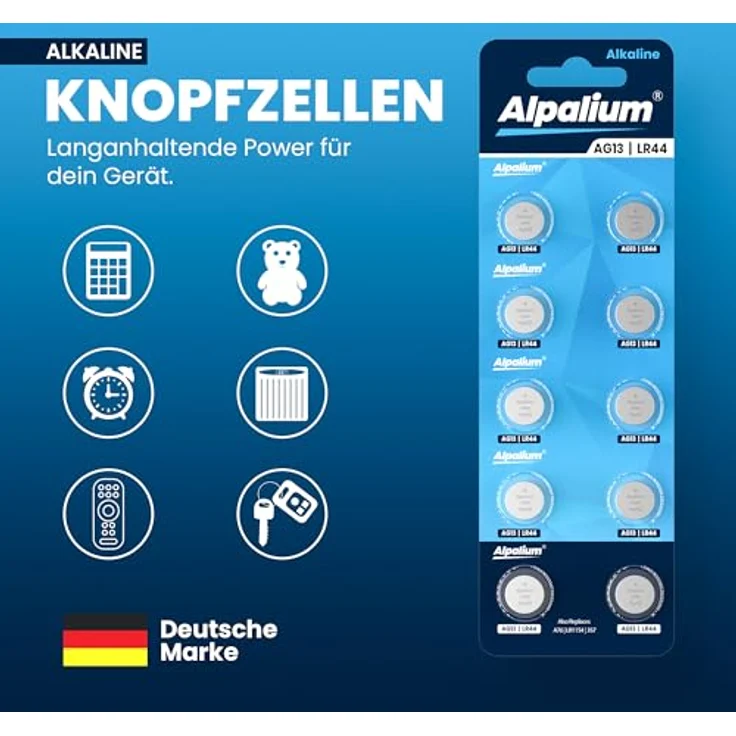 Alpalium AG13 LR44 Knopfzellen, 40 Stück langlebige Alkaline Batterien für Uhren, Taschenrechner, Spielzeug, Laserpointer und mehr – Bild 2