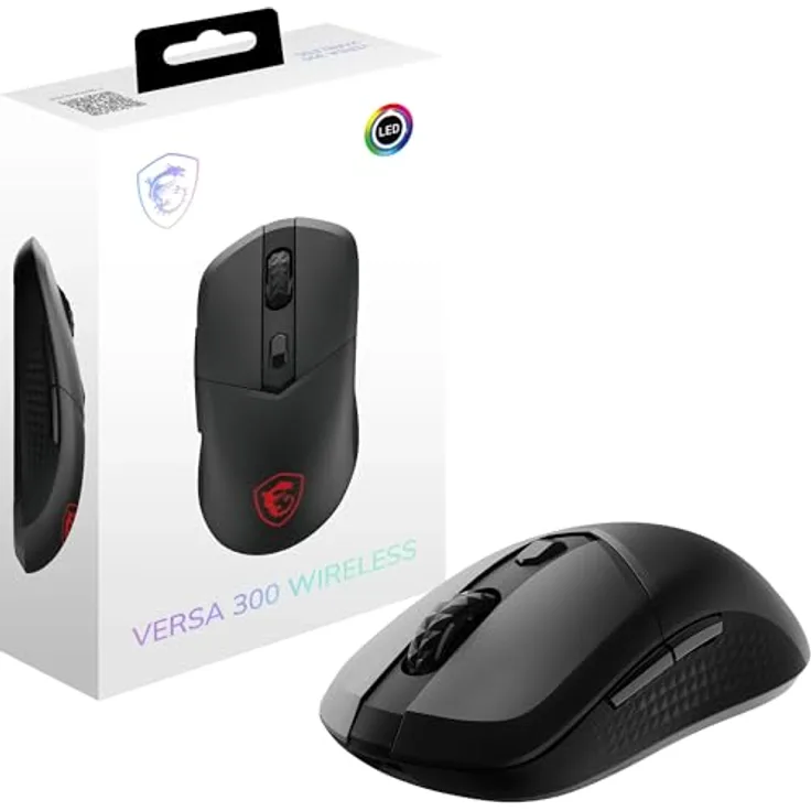 MSI Versa 300 Wireless Gaming-Maus – 8000 DPI optischer Sensor, 1000 Hz Polling-Rate, symmetrisch, 30M+ Klicks, 6 Tasten, 50-Stunden-Batterie, 1 ms Latenz, 60 g – Kabelgebunden/kabellos, RGB-Beleuchtung