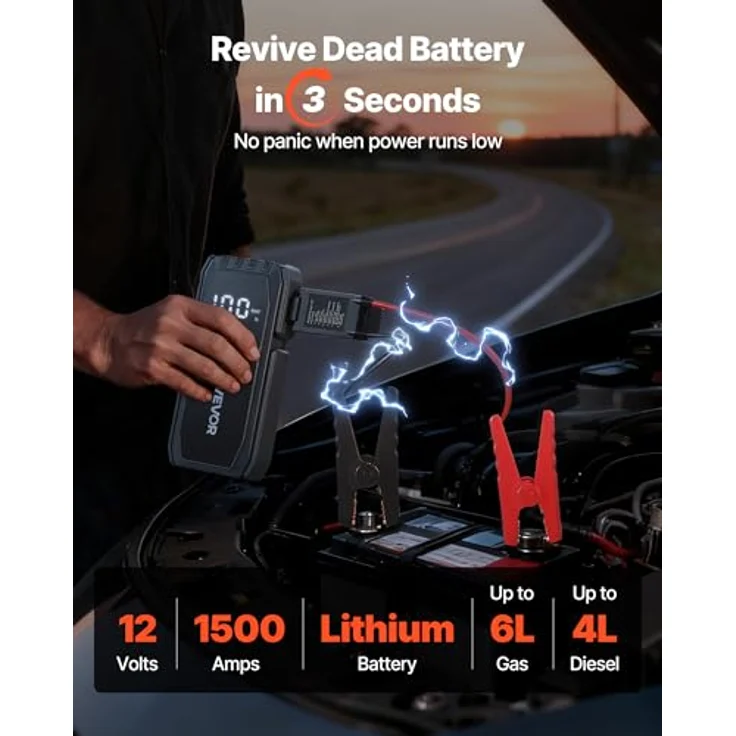 VEVOR Starthilfe Powerbank CP-F78, 1500A Spitzenstrom, LED-Taschenlampe, 10.000 mAh, für 6L Benzin/4L Diesel, tragbarer Booster mit Schnellladung & 12 Sicherheitsschutzfunktionen – Bild 2