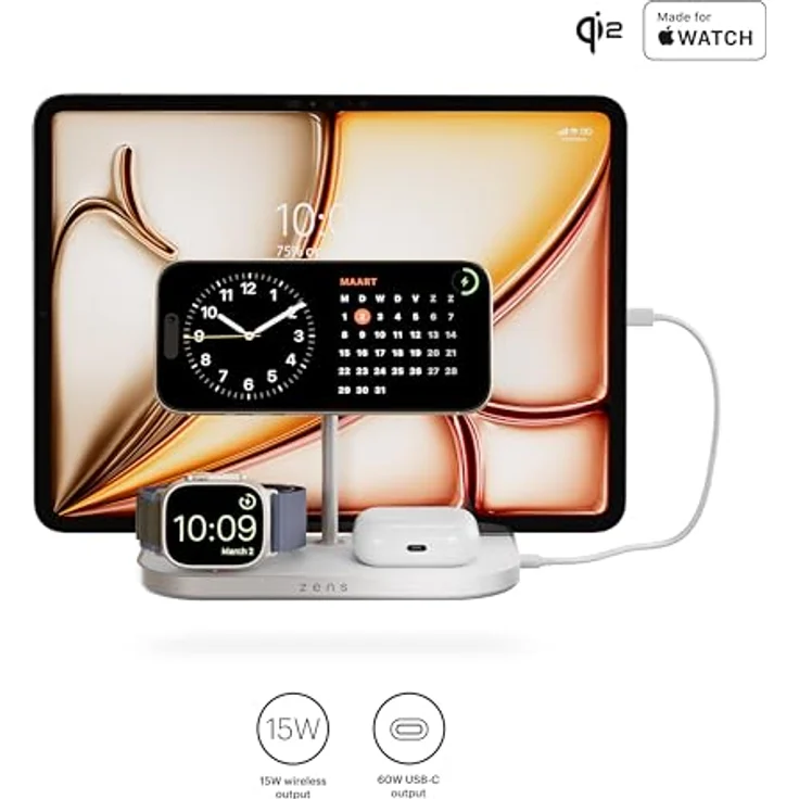 OtterBox Zens 4-in-1 Wireless Charger, MagSafe und Qi2-kompatibles Ladegerät mit 15 W, inkl. 65-W-Netzadapter und 1,5 m Kabel, Weiß – Bild 2