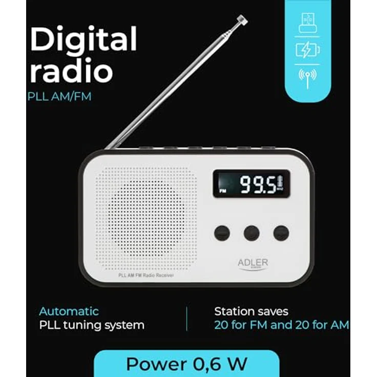 Adler AD 1907 PLL AM/FM-Digitalradio, modernes Radio mit Weckerfunktion, USB-C-Anschluss, weiß/schwarz – Bild 8