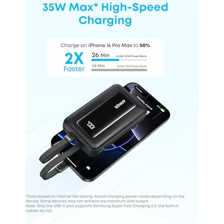 Anker Zolo Powerbank, 10000mAh, 35W Max, 2 integrierte USB-C Kabel, portabel und leicht – Bild 3