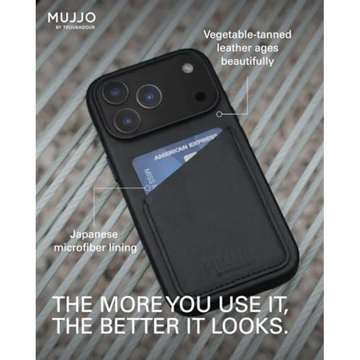 Mujjo Wallet Leather Case für iPhone 17 Pro - Velore-Leder, MagSafe-kompatibel, Kartenfach für 2-3 Karten, schwarz – Bild 6