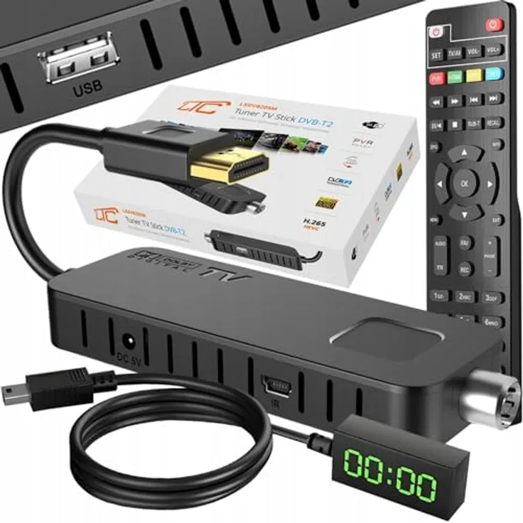LTC Mini DVB-T2 HD Stick Receiver, H.265 HEVC Decoder mit Full HD 1080p, 2-in-1, lernfähige Fernbedienung, PVR Aufnahme, USB, HDMI, Infrarot-Sensor, Schwarz
