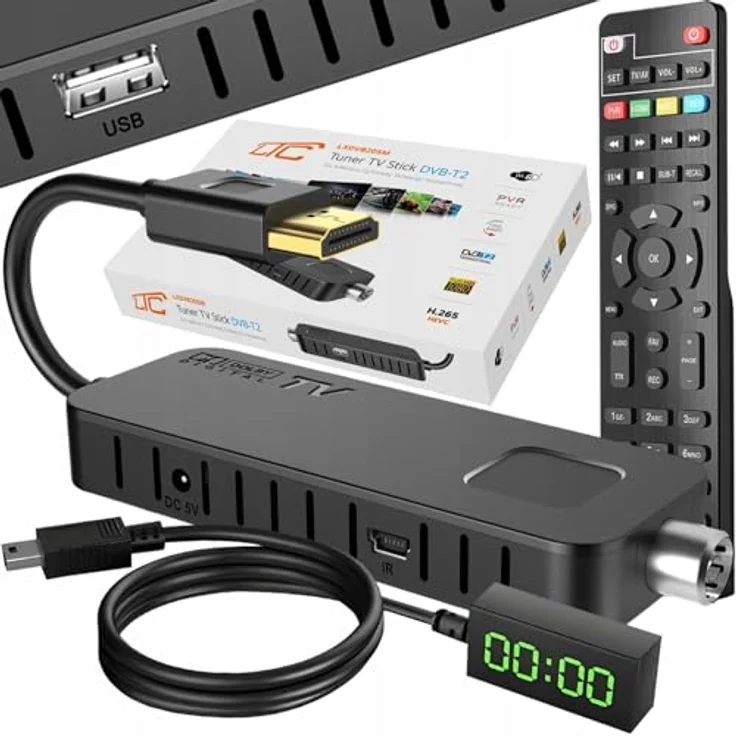 LTC Mini DVB-T2 HD Stick Receiver, H.265 HEVC Decoder mit Full HD 1080p, 2-in-1, lernfähige Fernbedienung, PVR Aufnahme, USB, HDMI, Infrarot-Sensor, Schwarz – Bild 1