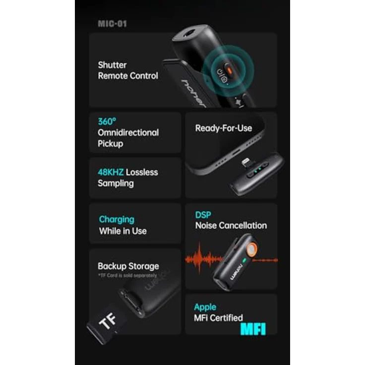 hohem MIC-01 Wireless Lavalier Mikrofon für iPhone iPad, MFi-zertifiziert, Fernbedienung, Geräuschunterdrückung, Integrierter Speicher, kabellos für Live-Stream (1TX+1RX) – Bild 2