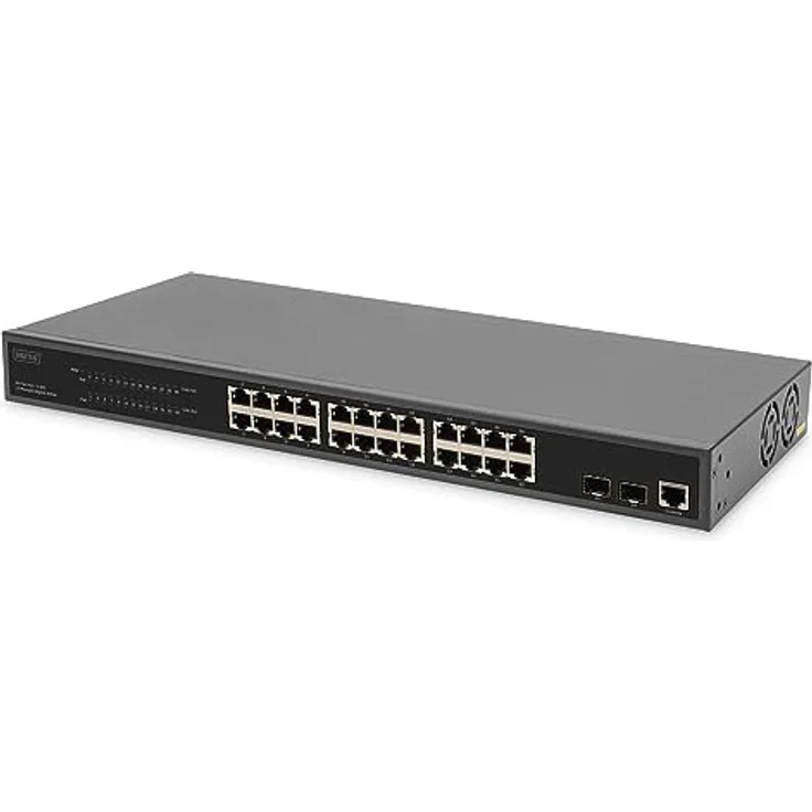 DIGITUS 27-Port Managed Gigabit PoE Netzwerk-Switch - 24 RJ45-Ports - 2 SFP-Ports - 1 Console-Port - 450W PoE-Budget - L2 Features - 19 Zoll - 10/100/1000 Mbps - Schwarz – Bild 1
