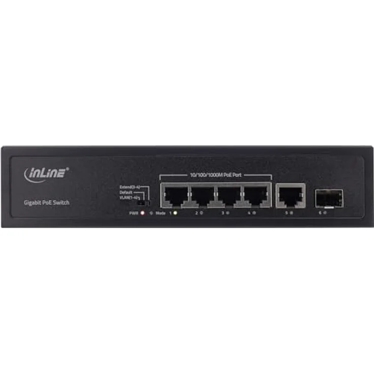 InLine PoE+ Gigabit Netzwerk Switch 5 Port mit 4X PoE+ Ports, 65 Watt, 1x SFP-Port, LWL / Glasfaser, LAN, 1GBit/s, Desktop, lüfterloses Metallgehäuse, schwarz, 32305R – Bild 2