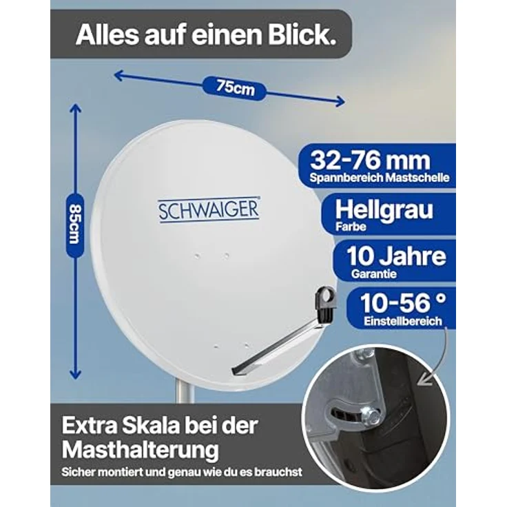 Schwaiger Satellitenanlage Set, hellgrau, 75 cm Offset Antenne mit Quad LNB für bis zu 4 Teilnehmer – Bild 6