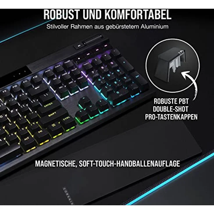 Corsair K70 RGB PRO Mechanische Kabelgebundene Gaming-Tastatur (CHERRY MX RGB Speed, 8.000Hz Hyper-Polling, PBT DOUBLE-SHOT PRO-Tastenkappen, Soft-Touch-Handballenauflage) QWERTZ, DE - Schwarz – Bild 3