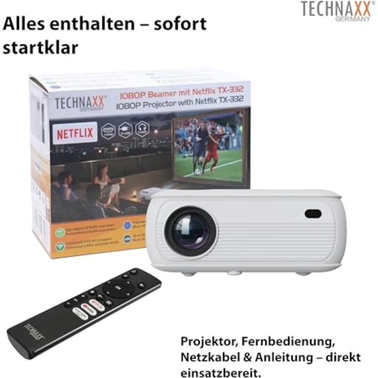 TECHNAXX TX-332 Full-HD Beamer 1080p, Heimkino-Projektor mit Lautsprecher, Fernbedienung, 200 lm, Netflix vorinstalliert, Weiss – Bild 10