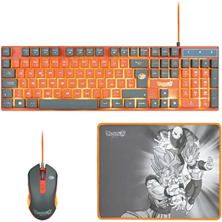 FRTEC Dragon Ball Super Pack Tastatur + Maus + Mauspad, PC-kompatibel, QWERTY, mit einstellbarer orangefarbener Beleuchtung – Bild 1