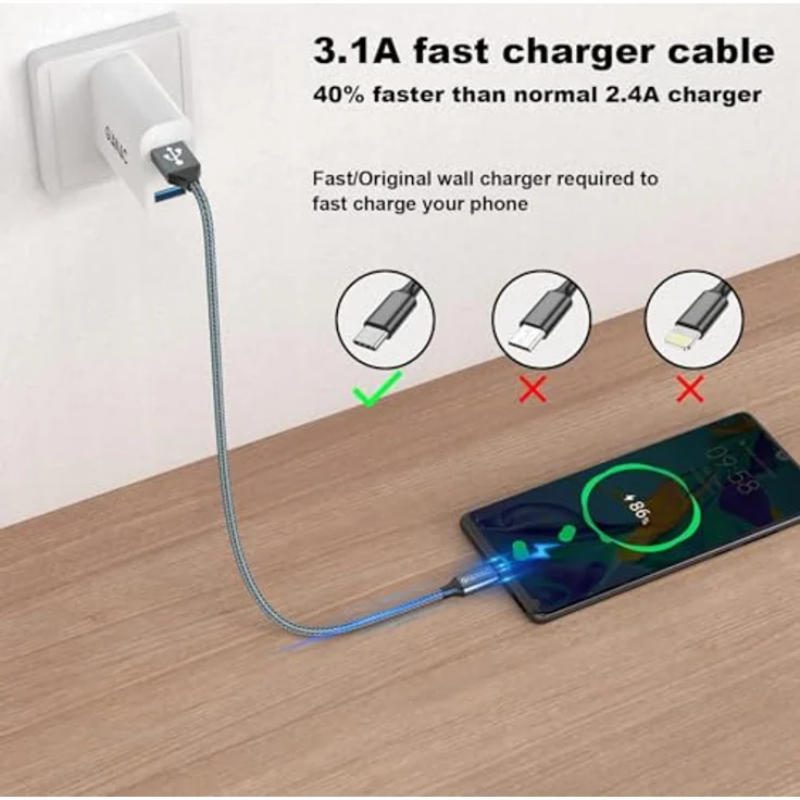 GIANAC USB C Kabel, [2 Stück 2m] 3.1A Schnellladekabel mit Hochgeschwindigkeits-Datenübertragung für Samsung S10/S9/S8, Huawei P30/P20, Sony Xperia – Bild 4
