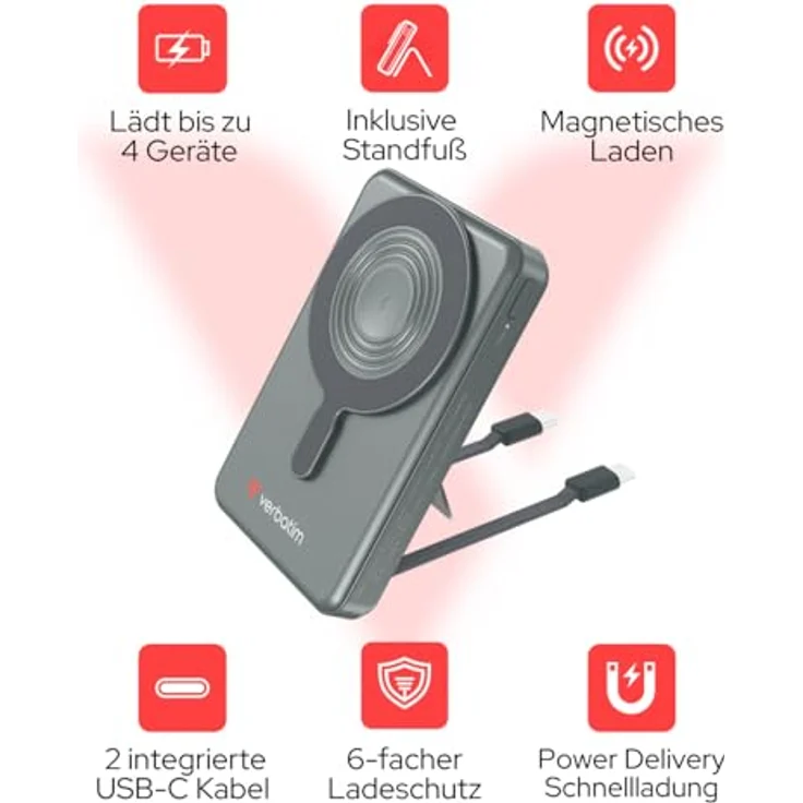 Verbatim Charge 'n' Go MagSafe Powerbank 10000mAh [GRAU], 15W kabelloses Laden, PD 22,5W Schnellladefunktion, klappbarer Standfuß für iPhone 17/16/15/14 Pro, inkl. 2 USB-C Kabel – Bild 2