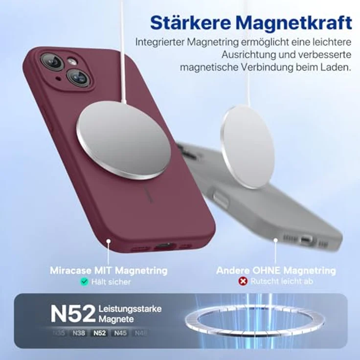 miracase iPhone 15 Hülle mit MagSafe, Flüssigsilikon und kratzfestem Mikrofaser-Innenfutter, stoßfest, Weinrot – Bild 4
