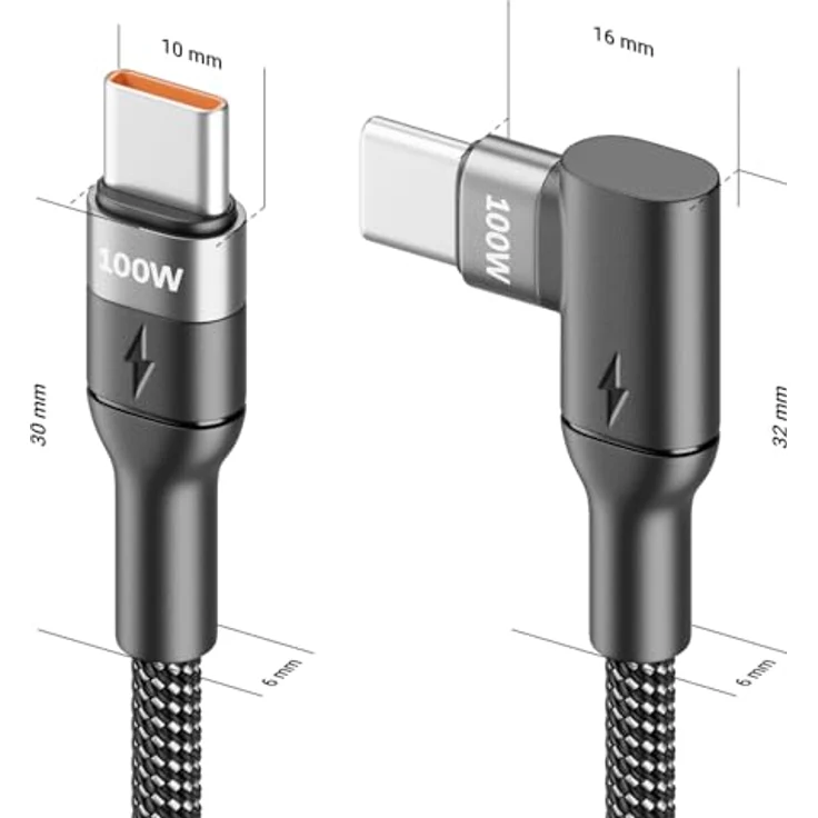 deleyCON 1,5m 100W USB C Ladekabel, gewinkelt 90 Grad, Power Delivery 3.0, schnellladend, kompatibel mit iPhone 17, Samsung Galaxy, MacBook und mehr – Bild 2