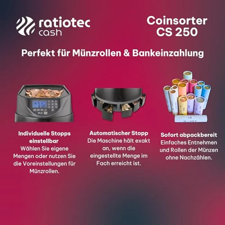 ratiotec Münzzähl- und Sortiermaschine CS 250, 550 Münzen/Min, LED-Display, 8 Hartgeldfächer, robustes Kunststoffgehäuse – Bild 5