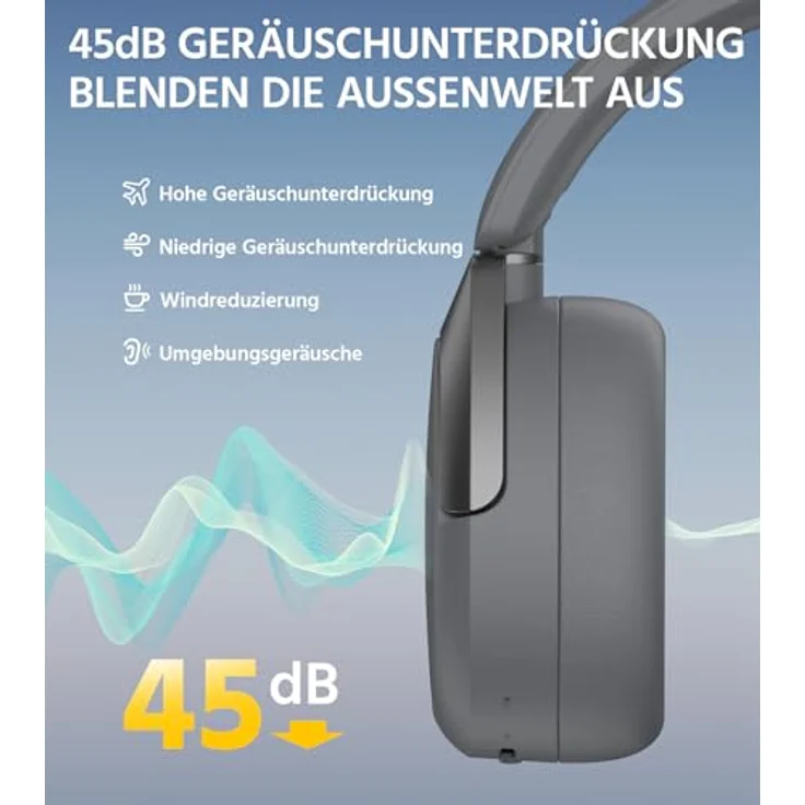 Edifier W830NB Wireless Over Ear Kopfhörer mit -45dB ANC, 94Std. AKKU, LDAC Hi-Res Sound, Spatial Audio, Schnellladung, Bluetooth V5.4 - Grau – Bild 3