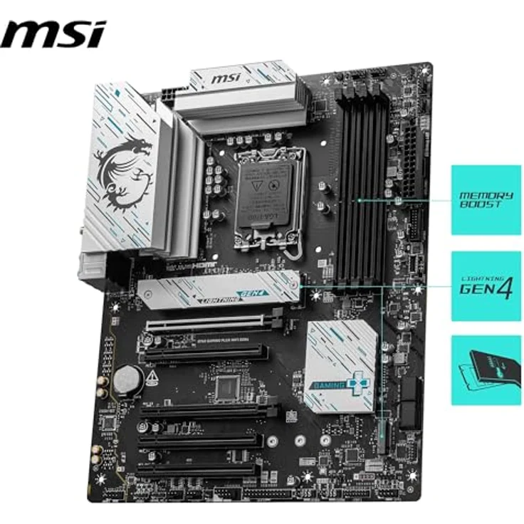 MSI B760 Gaming Plus WiFi DDR4 Mainboard, ATX - Unterstützt Intel Core Prozessoren der 14., 13. und 12. Generation, LGA 1700 - DDR4 5333+MHz/OC, 1x PCIe 4.0 x16, 2 x M.2 Gen4, 2,5G LAN, WIFI6E - Schwarz – Bild 3