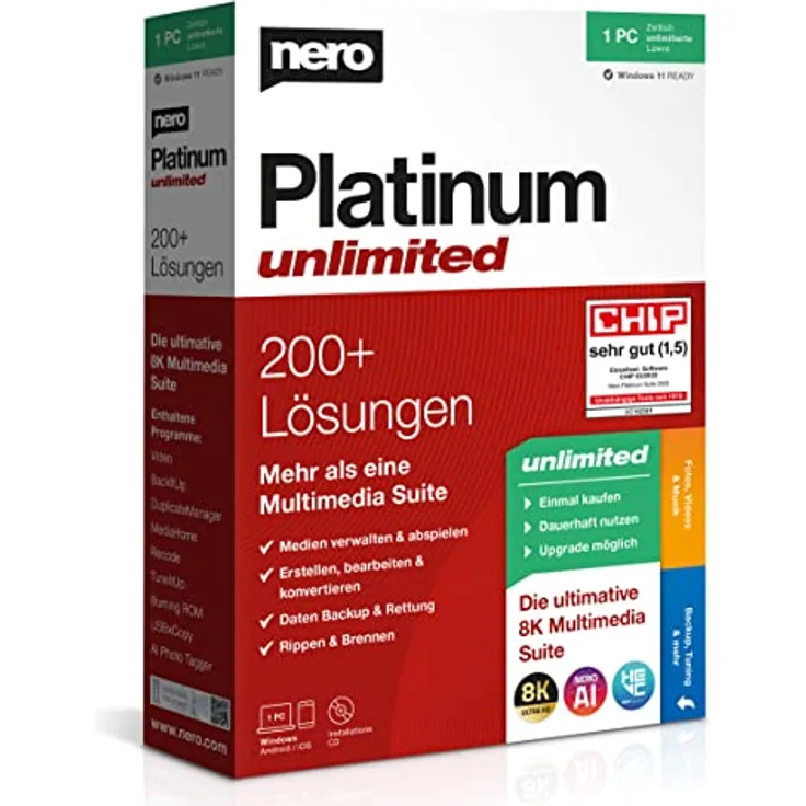 Nero Platinum Unlimited - Videobearbeitung | Backup | Medien verwalten & abspielen | 8K | Fotos | Musik | PC Tuning | Windows 8/10/11