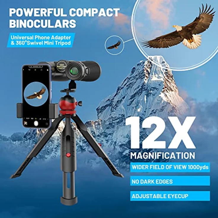 Kylietech 12x42 Fernglas mit Stativ, Wasserdichtes Vogelbeobachtungsgerät mit BaK-4-Prismen, FMC-Objektiv und Smartphone-Adapter für Fotografie und Sternenbeobachtung – Bild 3