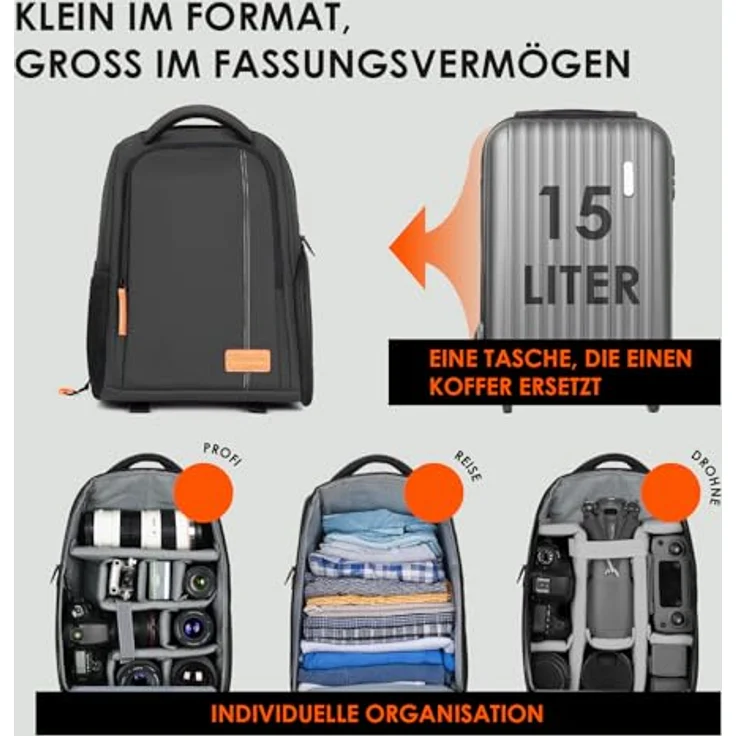 TARION Kamerarucksack, Wasserdichter Fotorucksack für Spiegelreflexkameras, Leicht und Kompakt, 15 Zoll Laptopfach, Schwarz – Bild 3