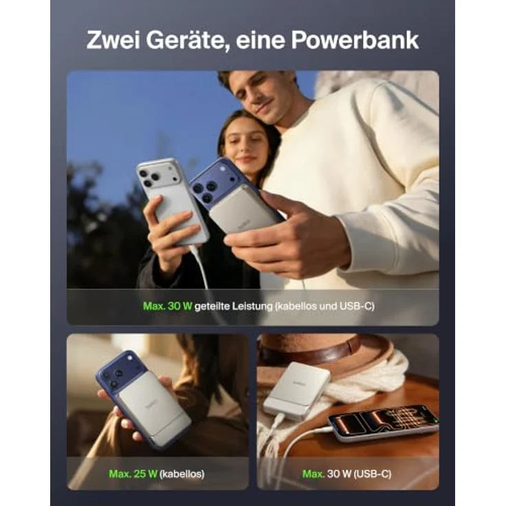 Belkin UltraCharge Power Bank, Induktive Slim-Ladegerät mit 10000 mAh, 25 Watt, Magnetisch, USB-C, Sand – Bild 6