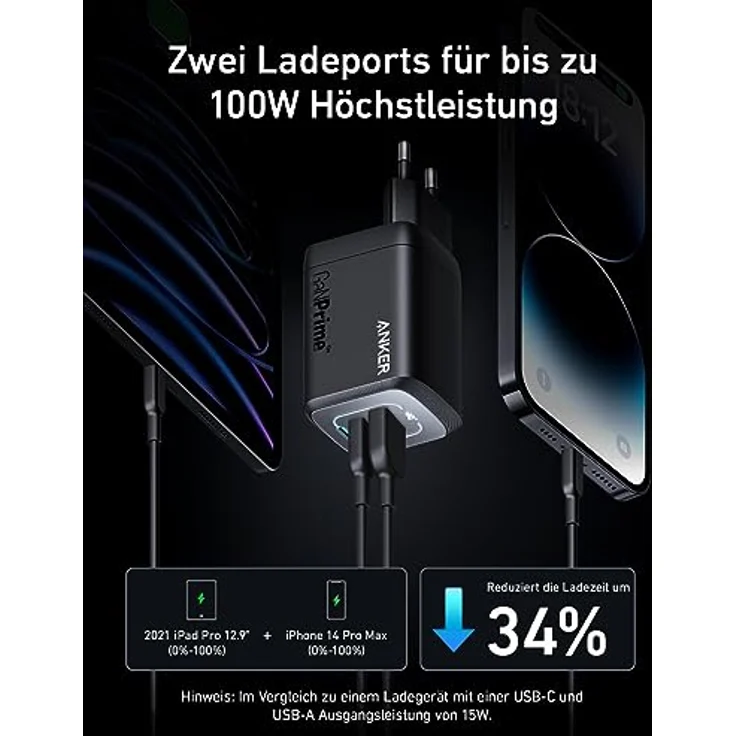 Anker 100W USB-C Ladegerät Prime GaN Netzteil, 3-Port PPS Schnellladegerät, Kompatibel mit MacBook Pro/Air, Pixelbook, iPad Pro, iPhone15/Pro, Galaxy S23, Note20 - Kleines klappbares Design – Bild 3