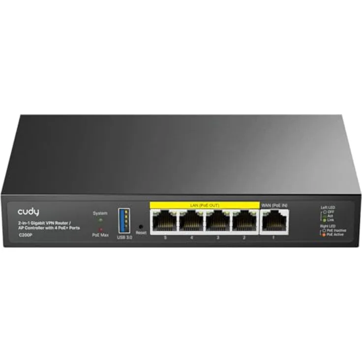 Cudy C200P Hardware-AP-Controller und VPN-Router, 200APs, PoE/DC-betrieben, Captive Portal, USB 3.0-Anschluss, intelligenter Netzwerkmonitor