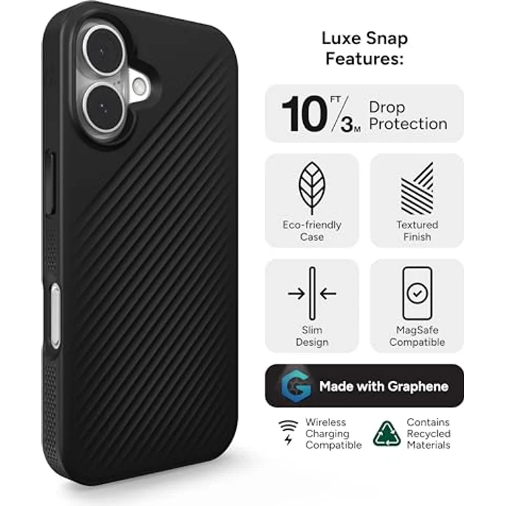 ZAGG Luxe Snap, Graphen-verstärkte Hülle für iPhone 16 [6.1-Inch], MagSafe-kompatibel, stoßfest, schwarzes Design mit verbesserten Grifftextur – Bild 3
