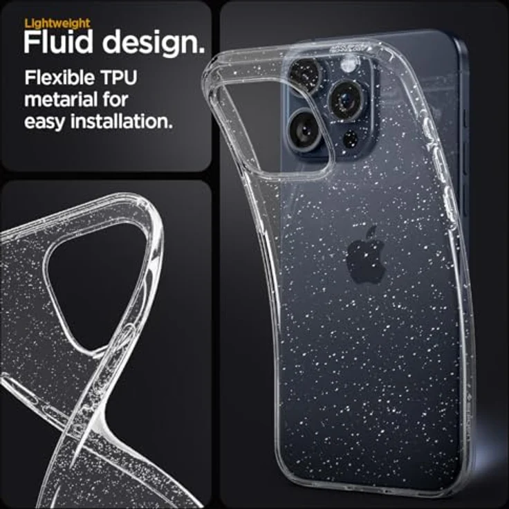 Spigen Liquid Crystal Glitter Hülle Kompatibel mit iPhone 15 Pro - Crystal Quartz, Transparentes TPU Material mit Glitzer - Display- und Kamera-Schutz, Air Cushion Technologie, Kristallklare Eleganz – Bild 4