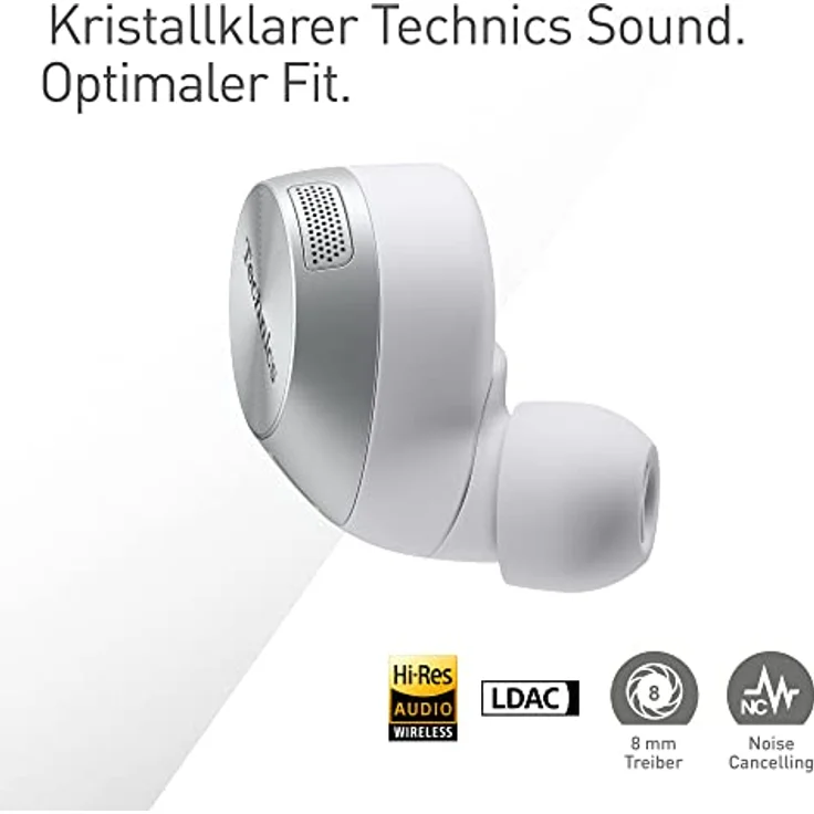 Technics EAH-AZ60M2ES kabellose Ohrhörer mit Noise Cancelling, Multipoint Bluetooth, komfortable In-Ear-Kopfhörer mit integriertem Mikrofon, anpassbare Passform, bis zu 7 Stunden Wiedergabe, Silber. – Bild 2