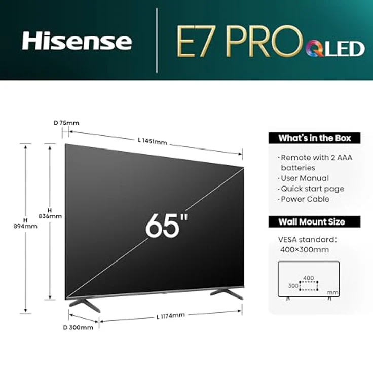 Hisense 65E7NQ Pro 164 cm (65 Zoll) QLED Smart TV, 4K UHD, Dolby Vision IQ Atmos, Game Mode PRO, Alexa Built-In, Dunkelgrau [2024] – Bild 2