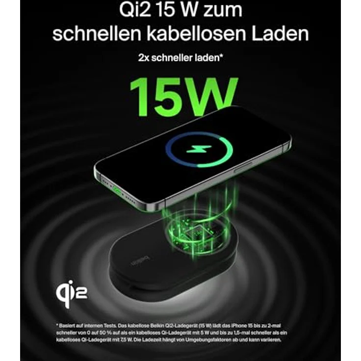 Belkin BoostCharge 2-in-1 magnetisches einklappbares Ladegerät Qi2, MagSafe-kompatibles 15 W, Schwarz – Bild 3