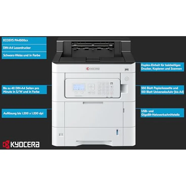 Kyocera Ecosys PA4500cx Laserdrucker Farbe: 45 Seiten pro Minute, neigbares Bedienfeld, Duplex-Einheit, 100+550 Blatt Papierzufuhr, Gigabit LAN, Mobile Print – Bild 2