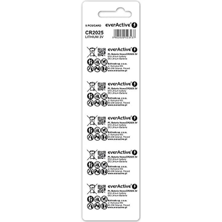 everActive CR2025 3V Lithium Knopfzelle, 165 mAh, 10 Jahre Haltbarkeit, 5 Stück im Blister – Bild 2