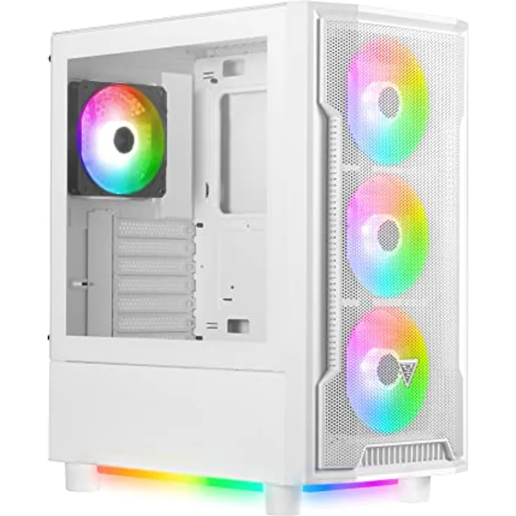 GAMDIAS Athena M6 LITE weißes Gaming-PC-Gehäuse, Mid-Tower-ATX-Gehäuse, nahtloses gehärtetes Glasfenster, 4 integrierte 120 mm ARGB-Lüfter, dreiseitiges Unterleuchtung, Netz-Frontplatte