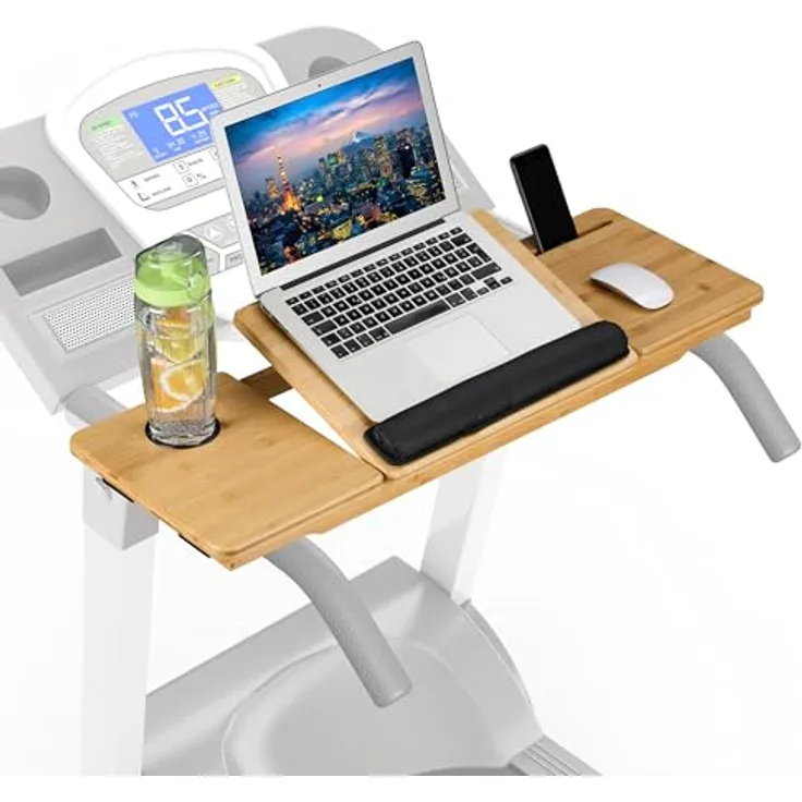 Relaxdays Laufband Schreibtischaufsatz, neigbar, Bambus, Handy-& Getränkehalter, Laptopständer, Natur