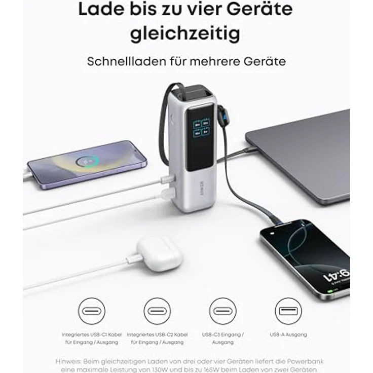 Anker Laptop Powerbank, 25.000mAh externer Akku mit 3X 100W USB-C Ports, Integriertes + einziehbares Kabel, Für iPhone 16/15, MacBook, Samsung - Schwarz – Bild 5