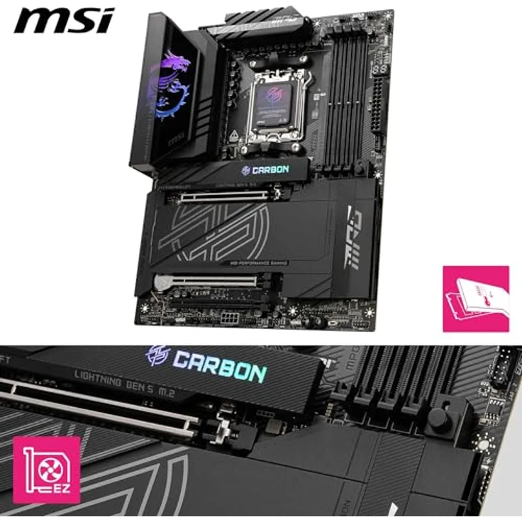 MSI MPG X870E Carbon WiFi Mainboard, ATX - AMD Ryzen 9000/8000/7000 Unterstützung, DDR5 Memory Boost 8400+MT/s, PCIe 5.0 x16 & 4.0 x16, M.2 Gen5, Wi-Fi 7, 5G LAN – Bild 3