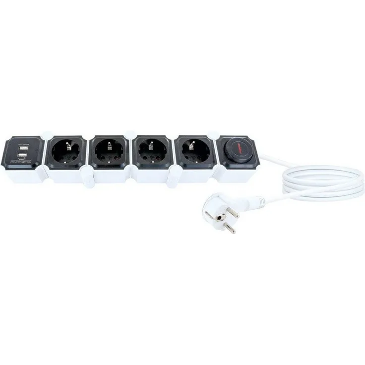 Schwaiger Flexible Steckdosenleiste 4-F schwarz/weiß, Steckdosenleiste mit flexiblen Modulen und USB Anschluss