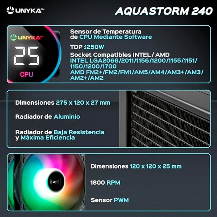 Unykach AquaStorm 240, CPU Wasserkühler mit Echtzeit-Temperaturanzeige, RGB-Regenbogeneffekt, Schwarz – Bild 2
