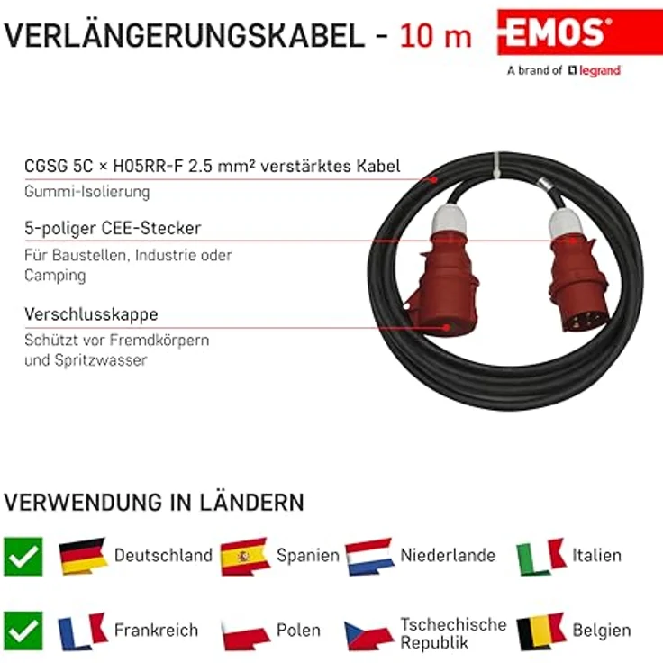 EMOS CEE-Verlängerungskabel 10m - 5-polig Stecker - wasserdicht, temperaturbeständig - 400 V, 16 A, 3680 W - Gummi-Isolierung - schwarz – Bild 3