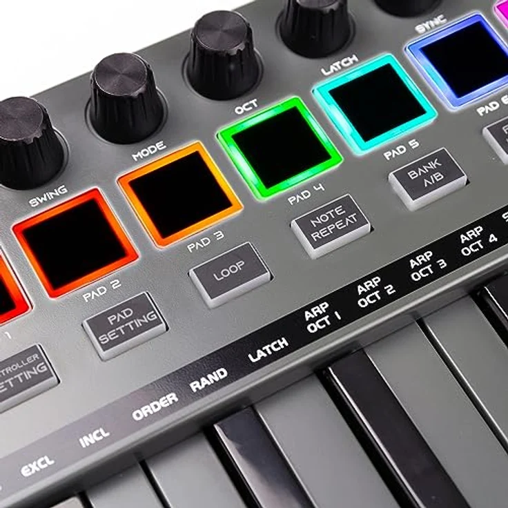 RockJam Go 25 Key USB & Bluetooth MIDI Keyboard Controller With 8 Backlit Drum Pads, 8 Knobs - Drahtlose Freiheit, Wiederaufladbarer Akku, Vielseitige Bedienelemente, Innovativer Joystick. – Bild 4